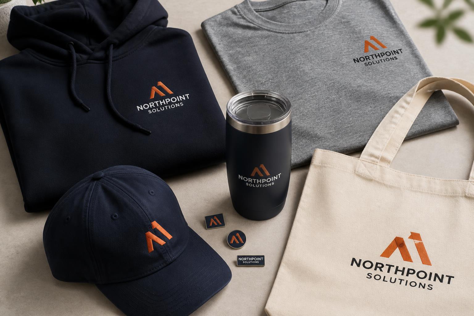 Flat-lay of custom branded swag including an embroidered navy hoodie, logo tee, tumbler, cap and canvas tote for a company swag store