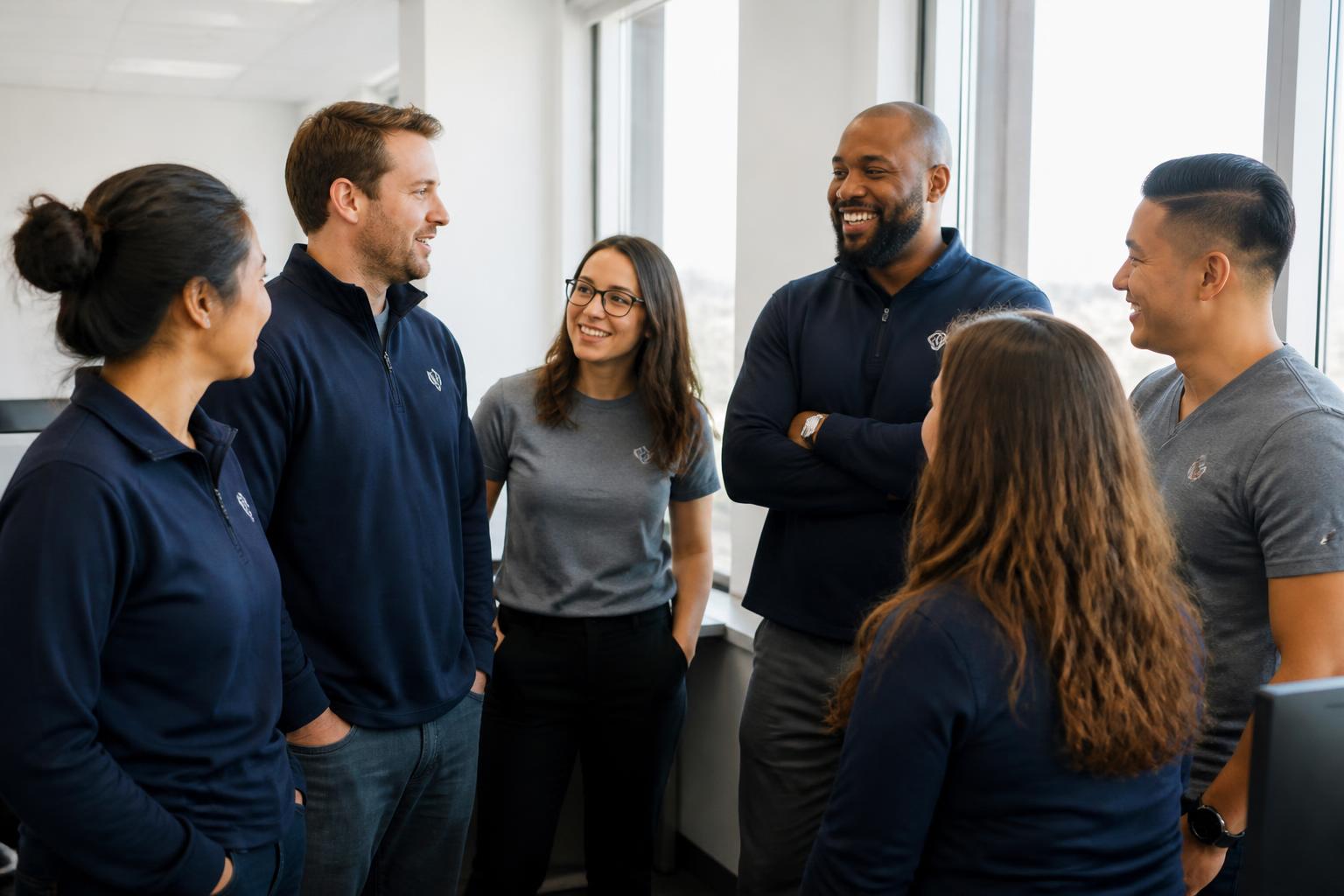 Team of coworkers wearing matching branded company apparel from a no-inventory company swag store